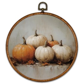 BCUANGD Vintage Fall Round Wall Art Decor - Retro Autumn Moody Pumpkin Wall Art Canvas Frame Artwork Prints, Rustic Cottagecore Nature Round Wall Hanging Decorations for Farmhouse Home, 10"x10"