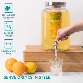 Navaris Drink Dispenser with Tap - 2.1gal (8L) - Glass Drinks Dispenser w/Fruit Infuser & Ice Insert - Large Water or Cocktail Jar - For Party, Office, or Home