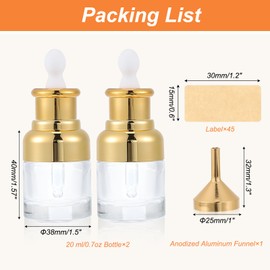 PATIKIL 0.7 oz Clear Eye Dropper Bottle for Essential Oils, 2 Pack Leakproof High Glass Perfumes Bottle with Funnel Labels for Perfumes Bottles for Storage and Travel, Gold