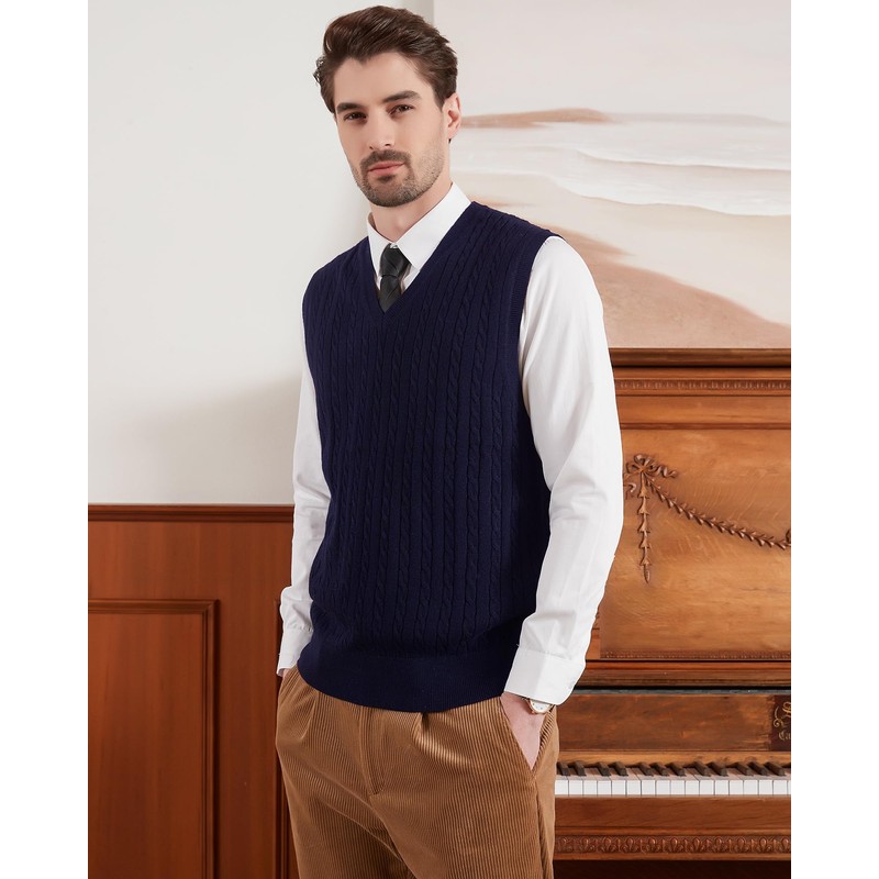 Kallspin Men's Knitted Vest Pulunder Sleeveless Cable Knit V-Neck Wool