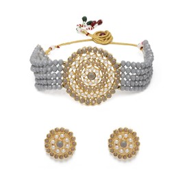 I Jewels Girls 18K Gold Plated Indian Bollywood Light Weight Beaded Choker Set Glided With Moti Work Jewelry Set (Ml239Gr) Grey