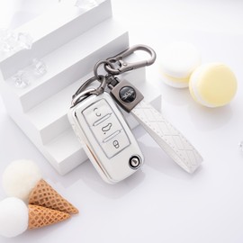 Flensent Key Fob Cover with Keychain for VW Tiguan Touareg Jetta Beetle CC Eos Golf GTI Passat (White)