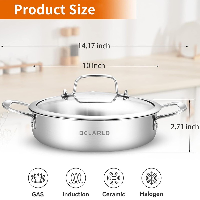 DELARLO Tri-Ply Stainless Steel 10 Inch Frying Pan 3QT Saute