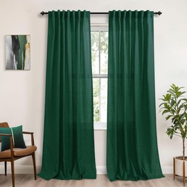 KOUFALL Hunter Emerald Green Curtains 84 Inches Long for Living Room,Sheer Semi Linen Boho Moody Curtains Drapes for Dining Room Bedroom 2 Panels Set,Dark Green