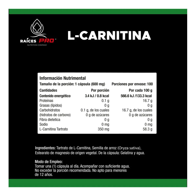 L Carnitina Super Premium 100 Cápsulas Raíces Pro Sabor Sin