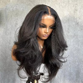Double Texture Kinky Straight And Body Wave 13x6 HD Transparent Lace Frontal Wig Pre Plucked With Baby Hair Brazilian Remy Human Hair Glueless Wig Ready To Wear 180 Density Yaki Straight Wigs 16Inch