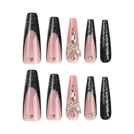MERVF Coffin Press on Nails Long Fake Nails Black French Tip Glue on Nails 3D Butterfly Rhinestones Press ons Acrylic False Ballerina Luxury Nails Glitter Design Glossy 24pcs