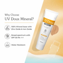 UV Doux Tinted Mineral Sunscreen SPF 50 PA+++ | No White Cast | Zinc & Iron Oxide | Water Resistant for All Skin Tones | Broad Spectrum, 100% Mineral Sunscreen | Safe for Kids 3+ | 1.7 oz.