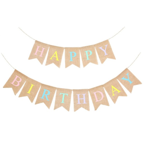 LOVENJOY Happy Birthday Bunting Banner Burlap Fabric Hessian Garland for