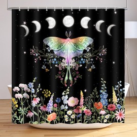 Lokigo Black Shower Curtain, Butterfly Moth Blossom Floral Shower Curtain 72Wx72H Vintage Gothic Moon Star Flowers Shower Curtain for Bathroom Waterproof Fabric Shower Curtain with Hooks
