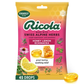 Ricola Honey Lemon with Echinacea Cough Drops, 45 Count, Delicious Throat Relief & Care, Oral Anesthetic, Naturally Flavored