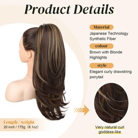 Flufymooz Ponytail Extension for Women, 20 Inch Drawstring Ponytail Hair Extension for Women, Soft Natural Looking Synthetic Pony Tails Hairpiece(Brown with Blonde Highlights)