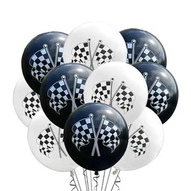 Racing Flag Latex Balloons 12 Count, Racecar Balloons for Birthday Party, Classroom Decoration, Race Day Theme, Checkered Flag Car Decorations, 12 Inch Standard Size (Black & White)