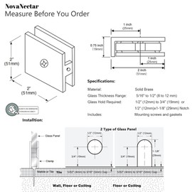 NovaNectar Brass Glass Clamp, Hole-in-Glass Fixed Panel U-Clamp,Square Screen Door Hardware for Bathroom,for 5/16" to 1/2" (8 to 12 mm) Tempered Glass (Brushed Nickel)