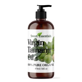 Sweet Essentials Organic Unrefined Tamanu Oil 16oz Glass w/ Pump, Imported From Tahiti, 100% Pure