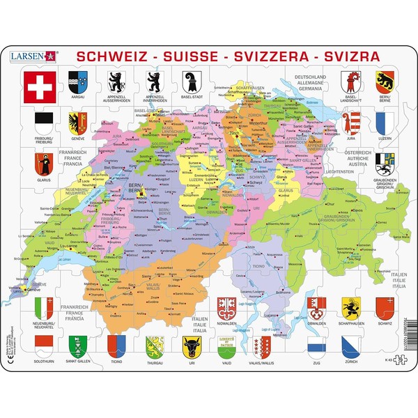 Larsen K43 Schweiz Politische Karte, Mehrsprachig (Deutsch/Französisch/Italienisch) Ausgabe, Rahmenpuzzle mit 70 Teilen