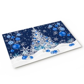 Christmas Door Mat Blue Xmas Tree Balls Welcome Mat Entrance Door Mat Snowflake Christmas Indoor Doormat Front Door Mat Winter Holiday Low Profile Floor Mat (20" x 31.5")
