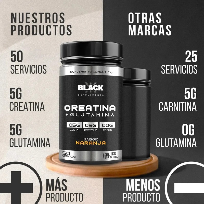 Black 1kg Creatina Glutamina 50 Servicios Varios Sabores
