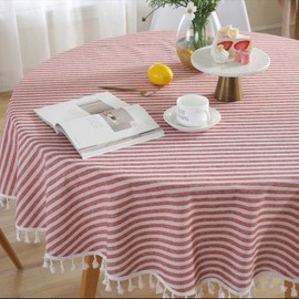 TruDelve Round Tablecloth 60 Inch Cotton Linen Tablecloth Red Striped Tablecloth with Tassels Boho Tablecloths for Round Tables (Round, 60 Inch, Red)