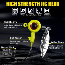 Crappie Jig Heads Kit, 16pcs Underspin Jig Heads with Spinner Blade 3D Eyes Fishing Jig Heads Hooks for Crappie Bass Trout Walleye Fishing 1/16oz 1/8oz 3/16oz