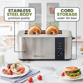 Elite Gourmet ECT3401 Long Slot 4 Slice Toaster, 1.5” Slot Width, 6 Toast Shade Settings, Reheat, Defrost & Cancel Functions, Extra Large Slots for Bagels, Waffles, Artisan Breads, Stainless Steel