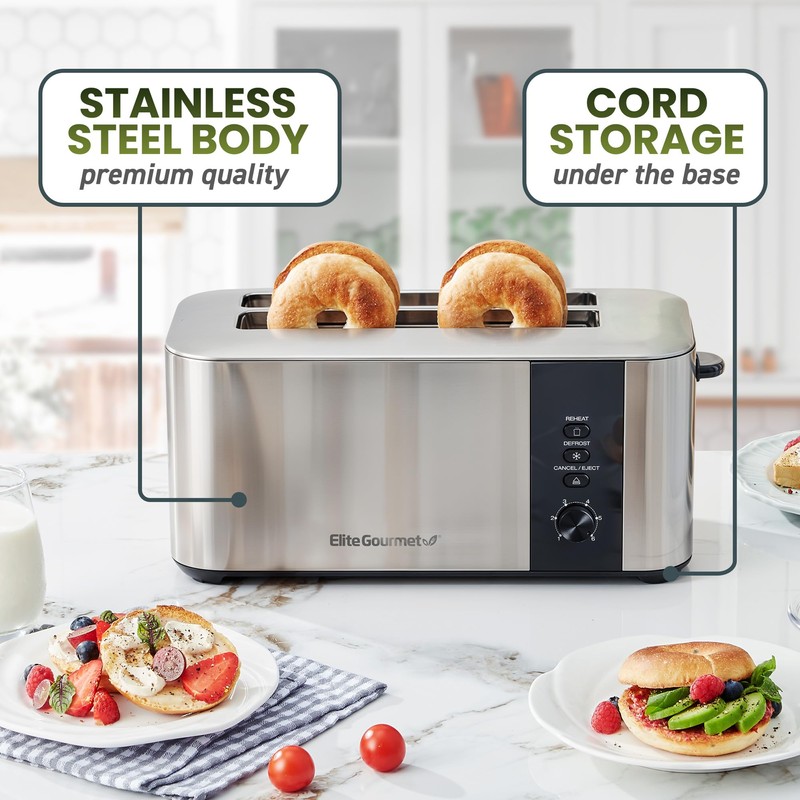 Elite Gourmet ECT3401 Long Slot 4 Slice Toaster, 1.5” Slot