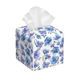 Blue Spring Wildflower Tissue Box Holder,Square Leather Tissue Box Cover with Bottom Belt,Waterproof Modern Napkin Holder Organizer for Bathroom Nightstand Vanity Office Tabletop,5.2" x 5.2" x 5.2"