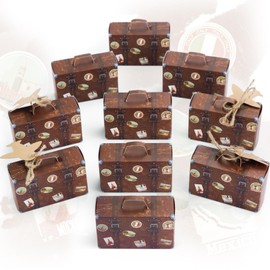 VGOODALL 50PCS Mini Suitcase Favor Boxes, Travel Theme Candy Box Vintage Kraft Cardboard with Tags and Burlap Twine for Wedding Travel Theme Party Bridal Shower Decoration