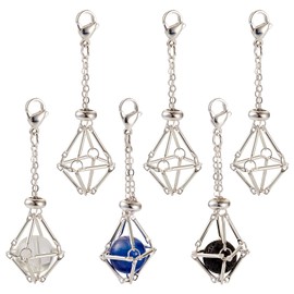 Cheriswelry 6pcs Macrame Pouch Empty Stone Holder Pendant Metal Dangle Charms Brass Keychain Pendants Crystal Cage Holder with 304 Stainless Steel Clasps 55mm for DIY Craft Jewelry Making