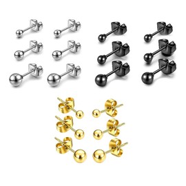 Women's Surgical Stainless Steel, Popular, Round Ball Earrings, Metal Allergy, For Both Ears, Popular, Simple Accessories, Birthday, Anniversary, Gift (0.16, 0.16, 0.2, 0.2, 0.2 inches (3, 4, 5 mm), Silver, Black & Gold Set, 9 Pairs