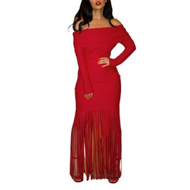 Women's Sexy Off Shoulder Tassel Bodycon Dress Elegant Long Sleeve Cocktail Party Maxi Dresses Red L
