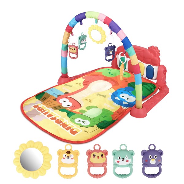 WALLE Baby Play Mat, Baby Essentials for Newborn Baby Gym Piano Tummy Time Playmats & Floor Gyms with 5 Senses Rattles Toys, Music and Light for Newborns (Red Dinosaurs)