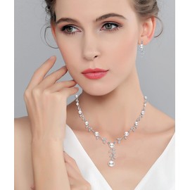 EVER FAITH CZ Cream Simulated Pearl Wedding Floral Vine Filigree Necklace Earrings Set Silver-Tone