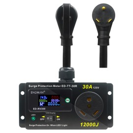 ENDMAN RV 30 Amp Surge Protector AC Power Meter,12000Joules 125V TT-30P to TT-30R LCD Dispaly KWH,Voltage Monitor with LED Display,10AWG Cable (30Amp)