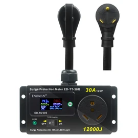 ENDMAN RV 30 Amp Surge Protector AC Power Meter,12000Joules 125V TT-30P to TT-30R LCD Dispaly KWH,Voltage Monitor with LED Display,10AWG Cable (30Amp)