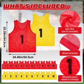 Meooeck 20 Player Flag Football Set Outdoor Sport Training Equipment, Include 20 Practice Jerseys, 20 Adjustable Football Belts, 60 Flags, 10 Flag Football, 50 Cone, 10 Inflator(Red Yellow)