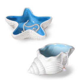 Yitexin 2 Pieces Conch & Starfish Shape Ceramic Jewelry Dish, Blue Sea Shell Trinket Tray, Ocean-Themed Decorative Ring Holder Dish, Women Jewelry Plate Tray for Earrings(2, Conch & starfish)