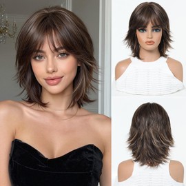 OUFEI Brown Bob Wigs with Blonde Highlights and Curtain Bangs for Women, Short Tiered Straight Wigs Made of Synthetic Hair for Everyday Parties and Cosplay
