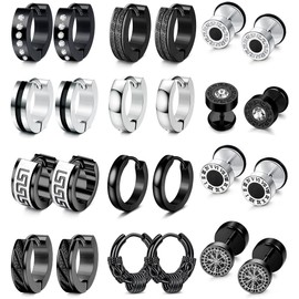 Thunaraz 12 Pairs Mens Earrings Stainless Steel Silver Black Stud Earrings Set Hypoallergenic Black Huggie Hoop Earring Fake Plug Helix Piercing Flat Back Earring for Men Women Punk