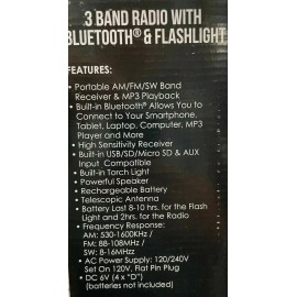 Supersonic SC-1097BT 3 Band Radio With Bluetooth, Flashlight AM/FM/SW  Black