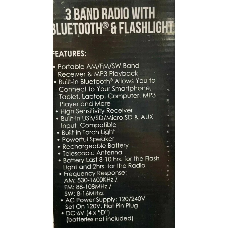 Supersonic SC-1097BT 3 Band Radio With Bluetooth, Flashlight AM/FM/SW Black