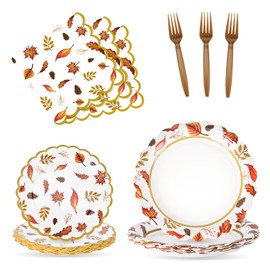 Cangmyxis 60pcs Fall Thanksgiving Paper Plates and Napkins Forks Disposable 7inch & 9inch Party Dessert Plates Maple Leaf Thanksgiving Decorations for Autumn Harvest Party Supplies,Serve 15
