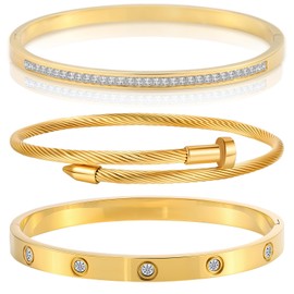 Camhanno Gold Bracelets for Women - Crystal Stackable Bangles with Friendship & Love Theme - Stainless Steel Jewelry, Ideal Birthday Gift (Style 1)