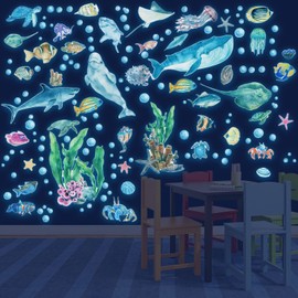 Wall Sticker Luminous Ocean Sea Animals Fluorescent Wall Sticker Glowing Sea Turtle Jellyfish Fish Underwater World for Children's Room Decorative Sticker Wall Decoration
