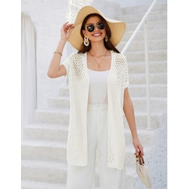 GRACE KARIN Crochet Beach Cover Up Women Short Sleeve Open-Front Long Cardigan Knitted Sheer Tops White M