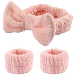 Pink Wrist Bands for Face Washing Headbands and Wristbands Pink Bowknot Spa Headband for Skincare Wrist Towels for Washing Face Head Bands for Make Up Wrist Band for Skin Care Bow Headband and Cuffs