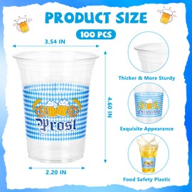 QZYL 100 PCS Oktoberfest Decoration, Blue White Checkered Cups with 3 Designs, Disposable Bulk Oktoberfest Plastic Cups, 14 OZ Bavarian Beer Festival Party Tableware for Beer Party Supplies