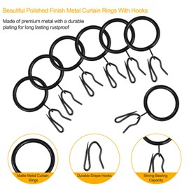 WISION 30 Pcs Metal Curtain Drapery Rings & Hooks, 30 mm Internal Diameter, Black, Curtain Hardware, Curtain Rings with Hooks