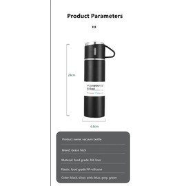 Herzberg HG04210-BLK, Stainless Steel Vacuum Flask, 500 ml, Hot/Cold 12 Hours, 360° Leak-Proof, 3 Cups Included, BPA-Free, Elegant and Compact Design