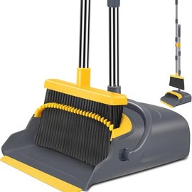 Broom and Dustpan Set for Home, Office, Indoor&Outdoor Sweeping, Stand Up Broom and Dustpan - Color: Gray&yellow